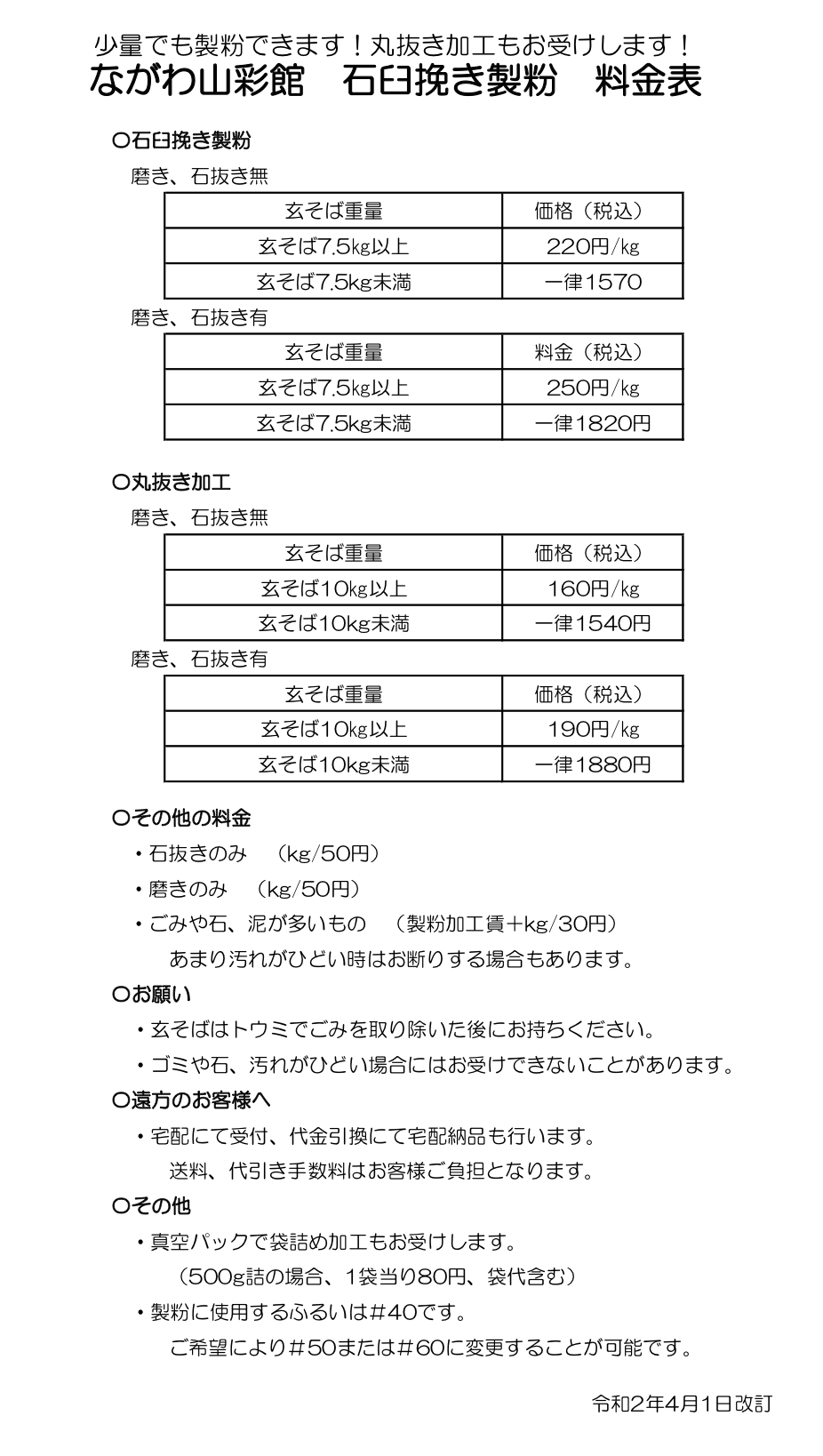 加工室サービス料金表