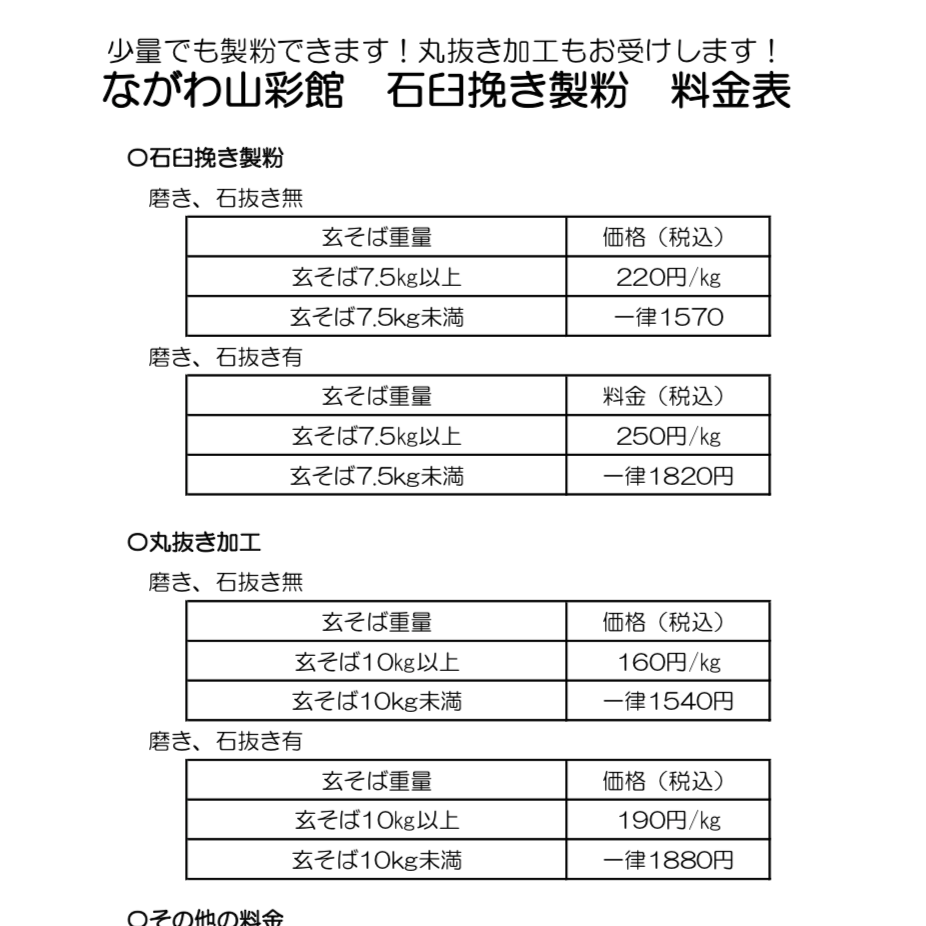 加工料金表_ながわ山彩館